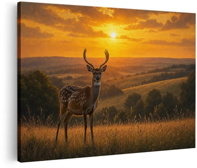 Artaza Canvas Schilderij Hert Bij Zonsopgang - Heuvels En Natuur - 90x60 cm - Wanddecoratie Woonkamer - Schilderijen - Muurdecoratie