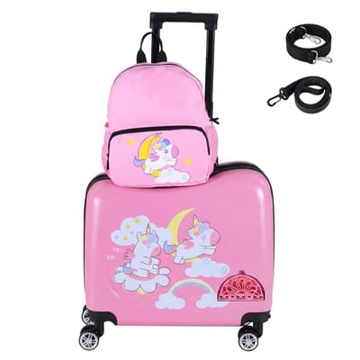 COSTWAY 2-delige Kinderkoffer en Rugzak - Handbagage waterdichte harde schaal - Kindertrolley en voetsteunen - Reiskoffer kind