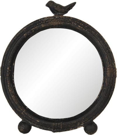 Clayre & Eef Staande Spiegel 26x30 cm Bruin Ijzer Hout Rond Vogel Tafel Spiegel