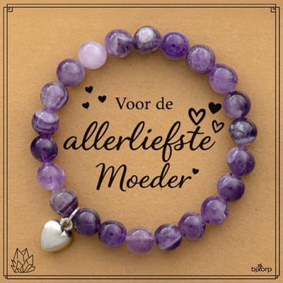 Bixorp Droom Amethist Armband op Cadeau Kaartje - Voor de Allerliefste Moeder - Met Hartje Hanger - 8mm / 18cm Edelsteen Kralenarmband - Inclusief Cadeau Envelop