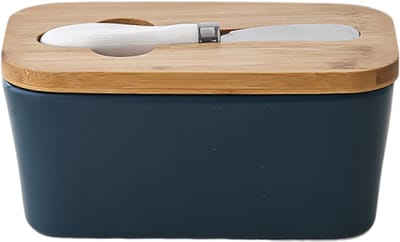 QTTVBTNA -Boterdoos met Houten Deksel – Luxe Porseleinen Boterhouder met Luchtdichte Afsluiting en Roestvrijstalen Mes – Multifunctionele Boterbox voor Keuken, Ontbijttafel of Restaurant
