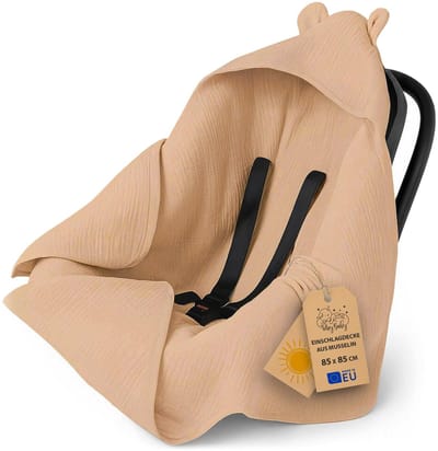Mousseline babydeken – lichte ademende inbakerdeken autostoel met capuchon voor de zomer – temperatuurregulerend voor kinderwagen en pasgeborene 90×90 cm Beige Oeko-Tex