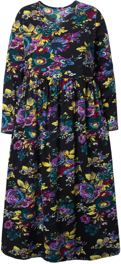Ulla Popken - Dames - Maxi-jurk bloemen A-lijn tuniekhals lange mouw - Zwart - Maat 46+