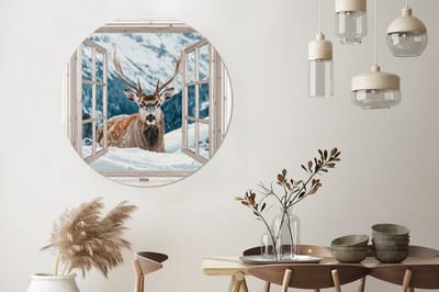 WallCircle - Wandcirkel - Muurcirkel - Hert - Winterlandschap - Natuur - Dieren - Doorkijk - Bergen - Aluminium - Dibond - 140x140 cm - Binnen en Buiten