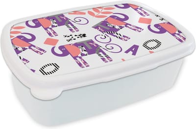 Broodtrommel Wit - Lunchbox - Brooddoos - Olifanten - Bladeren - Paars - Patroon - 18x12x6 cm - Volwassenen