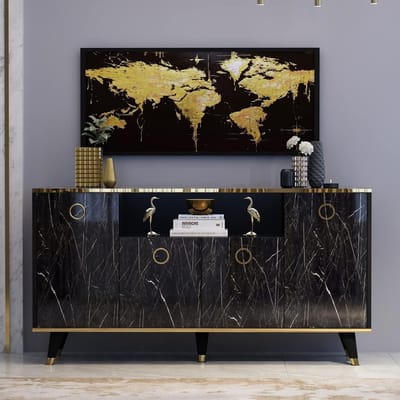 Console met 4 Deuren, Dressoir en Opbergkast in Rustieke Stijl, Zwart Hout voor Woonkamer en Slaapkamer