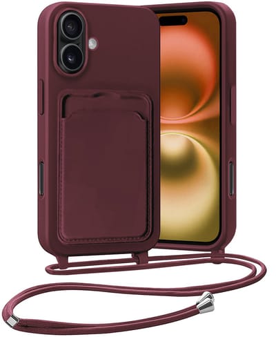 Hoesje Geschikt voor iPhone 16 Plus Hoesje Met Telefoonketting Pasjeshouder Case Koord - Hoesje Geschikt voor iPhone 16 Plus Hoes Met Kaarthouder - Aubergine