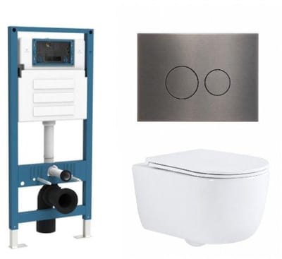 QeramiQ Dely Swirl Toiletset - inbouwreservoir Qeramiq Flush - slim zitting - metaal gunmetal bedieningsplaat - ronde knoppen - glans wit