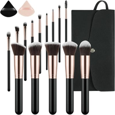 Professionele Make-up Kwasten Set van 14 Stukken met Cosmetica Tas, Zachte Synthetische Haren en Poederkwasten in Zwart en Goud
