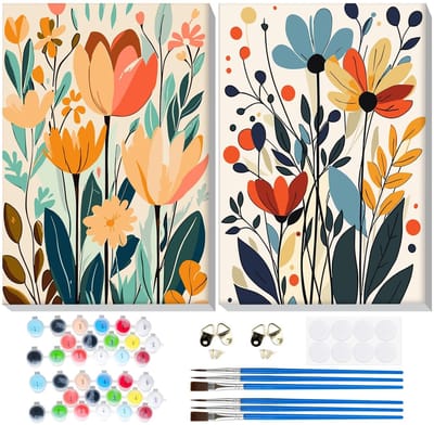 Dailygoods - Lxmsja 2 stuks Schilderen op nummer, volwassenen, met lijst, schilderen op nummer, bloemen, doe-het-zelf set voor volwassenen, met kwasten en acrylverf, handgeschilderd, olieverfschilderij, canvas