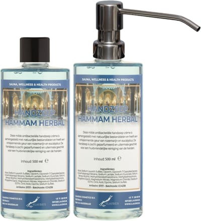 Handzeep Hammam Herbal 500 ml - set van 2 stuks - met gratis RVS zilverkleurige pomp - Voordeelverpakking