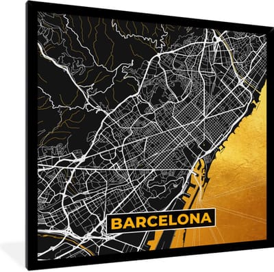 Fotolijst incl. Poster - Barcelona - Stadskaart - Plattegrond - Kaart - Goud - 40x40 cm - Posterlijst