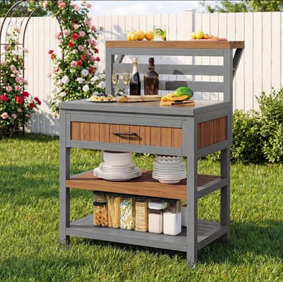 Houten Tuinkast - Buitenkast Grillstation - Buiten koken - Roestvrijstalen werkblad - 80 x 72.5 x 123 cm - Natuurlijk