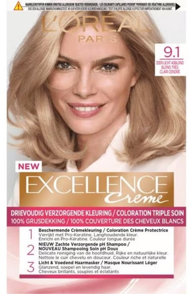 L'Oréal Paris Excellence Crème Zeer Licht Asblond 9.1 - Permanente Haarkleuring - Drievoudige verzorging met hyaluronzuur - Haarverf