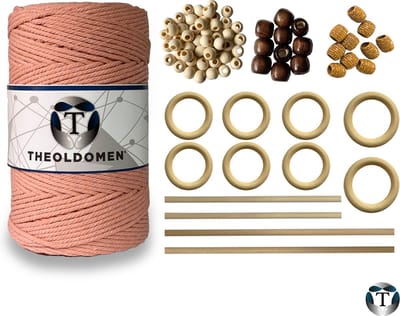 Macramé Pakket | 200 METER | Incl. Handleiding | Zalmroze | Starter Set | Ringen | Kralen |Stokken | Macramé Touw | 3mm | 100% Katoen | Macramé | Decoratie | DIY | Doe Het Zelf | Wandkleed | Dromenvanger | Plantenhanger | Tassen | TheOldOmen |