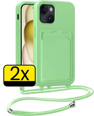Hoesje Geschikt voor iPhone 14 Pro Max Telefoonhoesje Met Koord Case Pashouder Siliconen - Hoes Geschikt voor iPhone 14 Pro Max Hoesje Met Kaarthouder - Groen - 2 Stuks