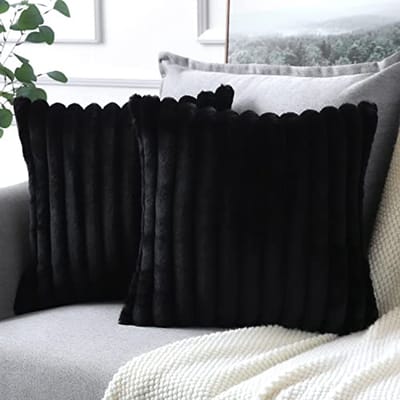 Set van 2 pluche fluwelen kussenhoezen - Zachte kunstbont decoratieve kussensloop voor bank, slaapkamer en auto - 60 x 60 cm, zwart