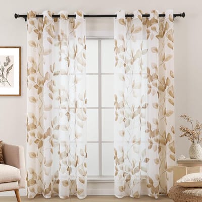 Gordijn taupe bruin voor keuken raam, linnenlook gordijn zand wit met oogjes korte transparante gordijnen voor woonkamer slaapkamer set van 2 gordijnen met ogen 175 cm (LZE2253E-BG175)