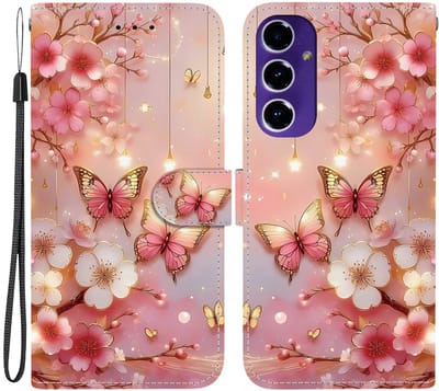 Roze vlinders bloemen - agenda book case hoesje - Telefoonhoesje geschikt voor Samsung Galaxy A17 5G / A26 5G