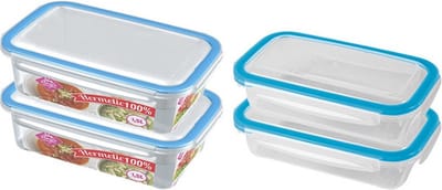 4x Voorraad/vershoudbakjes 0,5 en 1,5 liter transparant/blauw plastic/kunststof - Kiev - Luchtdicht/hermetisch afgesloten vershouddoos bakje - Mealprep - Maaltijden bewaren