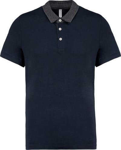 Heren Polo in twee kleuren Jersey Donkerblauw/ Donker Heather Grijs Kariban Collectie maat 3XL