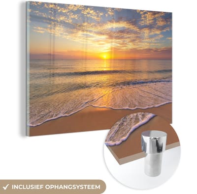 MuchoWow® Glasschilderij 120x80 cm - Schilderij acrylglas - Strand - Kleuren - Zon - Foto op glas - Muurdecoratie woonkamer - Wanddecoratie slaapkamer - Schilderijen