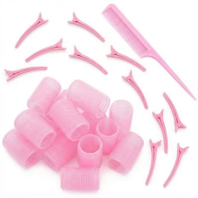 Roze klittenband haarkrullers set voor dames heatless curls – 12 stuks krulrollers met 12 clips en styling kam – zelfhechtende haar rollers voor volume en natuurlijke krullen
