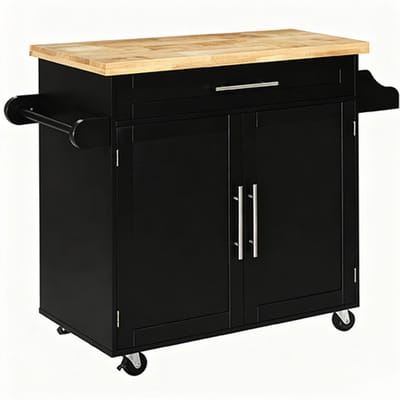Keukenkastwagen, Opslagkast, Boekenkast, Met Handdoekrek en Kruidenrek, Multifunctioneel Ontwerp, Geschikt voor Woonkamer, Eetkamer, 109x40x89cm, Zwart, Hout