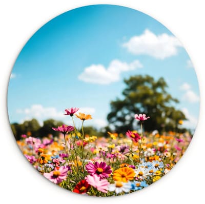 WallCircle® Wandcirkel 120x120 cm - Muurcirkel Bloemenweide - Blauw - Lucht - Kleuren - Muurdecoratie woonkamer - Wanddecoratie slaapkamer - Kamer decoratie accessoires - Ronde schilderijen XXL