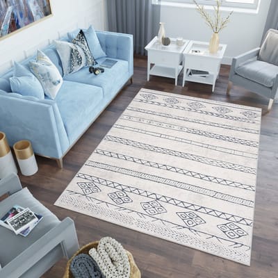 Tapiso Lotus Vloerkleed Beige Blauw Boho Woonkamer Laagpolig Tapijt Maat- 80x150