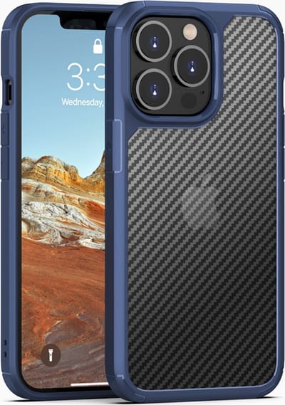 geschikt voor iPhone 14 Pro Max Hoesje met Carbon Look - Shockproof Valbescherming - Schokbestendige case geschikt voor iPhone 14 Pro Max - Tough Carbon Grid geschikt voor iPhone 14 Pro Max Hoesje blauw