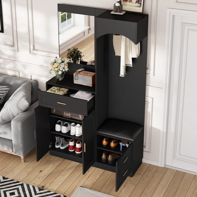MODFU - Garderobekast En Schoenenkast - Met Spiegel En Verstelbare Planken - Modern - Voor Hal - MDF En Spaanplaat - Zwart - 110 x 33 x 185,5 cm