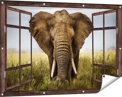 Gards Tuinposter Doorkijk Olifant in het Wild - Kleur - 120x80 cm - Tuindoek - Tuindecoratie - Wanddecoratie buiten - Tuinschilderij