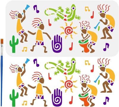 Kokopelli Stencil 15x30cm voor Tribal Flute Speler, Dansers en Muzikale Noten met Cactus en Zon Hand Symbool