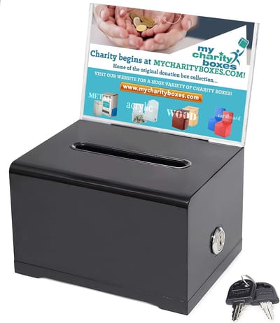 KZQ Donatiebox - Veilige inzameling - Loterijbox - Voor het verzamelen van suggesties en loterijtickets - Ook geschikt voor het bewaren van visitekaartjes, het organiseren van evenementen en fondsenwerving - Zwarte opbergbox - Afsluitbaar - Duurzaam