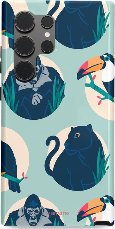 Casetastic hoesje geschikt voor Samsung Galaxy S24 Ultra - Dubbellaagse bescherming - Wilde Dieren Mix - Fashion Case - Lichtgrijs Donkerblauw Crème Donkergrijs