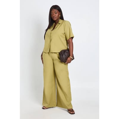 boohoo Dames Plus Linnen Wijde Pijpenbroek Met Kralenstrik Detail | Pistache | Maat: 44