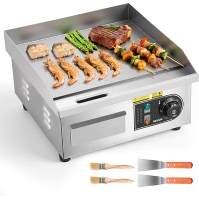VEVOR elektrische bakplaat 2000 W 355 x 300 mm (grilloppervlak), 50-300 °C, roestvrijstalen behuizing, tafelmodel grill met 2 spatels, 2 borstels en 4 voetjes, voor steaks en pannenkoeken