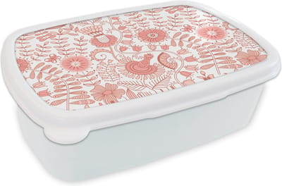 Broodtrommel Wit - Lunchbox - Brooddoos - Bloemen - Patronen - Pastel - 18x12x6 cm - Volwassenen