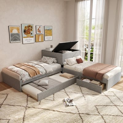 STILVORA Hoekbed 90x200 Cm – Uitschuifbed Voor 3 Slaapplaatsen – Opbergkast En 2 Lades – Met Lattenbodem | Zonder Matras – Linnen – Grijs