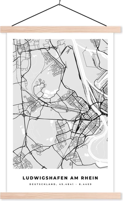 Posterhanger incl. Poster 40x60 cm - Schoolplaat - Kaart - Ludwigshafen Am Rhein - Duitsland - Stadskaart - Plattegrond - Textielposter - Blanke latten - Stadskaart