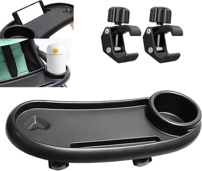 3-in-1 Snack Tray voor Kinderwagens met Verstelbare Clip en 360° Rotatie, Inclusief Bekerhouder, Geschikt voor de Meeste Kinderwagens met Armleuningen