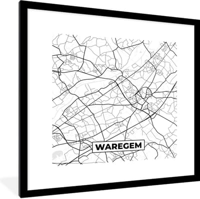 Fotolijst incl. Poster Zwart Wit- Zwart Wit – België – Plattegrond – Stadskaart – Kaart – Waregem - 40x40 cm - Posterlijst
