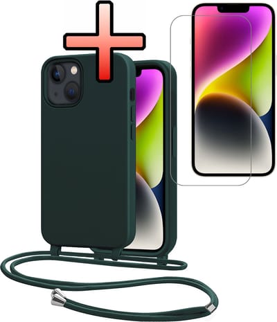 Hoes Geschikt voor iPhone 13 Mini Met Telefoonkoord Met Screenprotector - Siliconen Hoesje Backcover Met Ketting - Donkergroen
