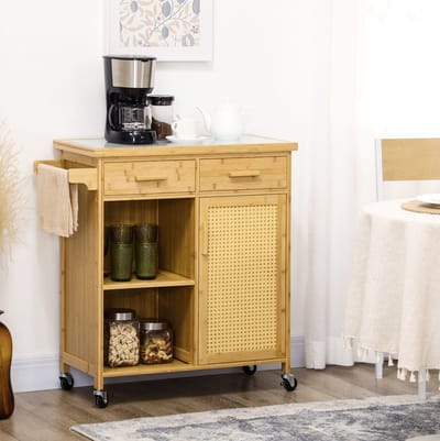 MEUNIQ keukenwagen 84 x 36 x 85 cm met 2 lades, kast, open vakken, handdoekhouder, werkblad en wielen met rem, bamboe, naturel, voor keuken of eetruimte