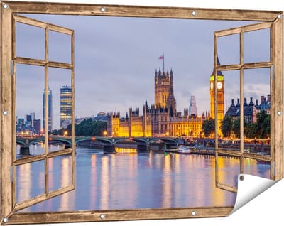 Gards Tuinposter Doorkijk London Big Ben en Westminster Brug - 120x80 cm - Tuindoek - Tuindecoratie - Wanddecoratie buiten - Tuinschilderij