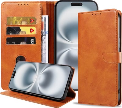 Geschikt voor iPhone 16 Plus Telefoonhoesje Kunstleer met Magnetisch lipje en Pasjeshouder Book Case met Klepje - Bruin - Smartphonica geschikt voor iPhone 16 Plus