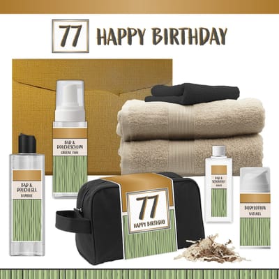 Geschenkset “77 Happy Birthday” - 8 producten - 1140 gram | Luxe wellness Cadeaubox voor Hem Giftset Feestje Verjaardag Zevenenzeventig jaar Cadeau Pakket Gefeliciteerd Verjaardagscadeau Man Gift Party Seventy-seven Years Hartje Goud Groen Beige