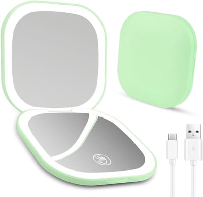Vergrootglas Make-up Spiegel - Zakspiegel Verlichting - Make-up Aanbrengen - Dubbelzijdig Verlicht - Compact Formaat - Groen