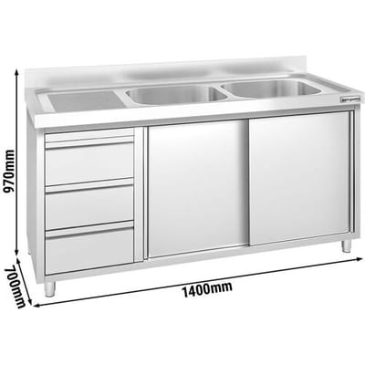 GGM Gastro Spülschrank PREMIUM - 1400x700mm - mit 3 Schubladen & 2 Becken rechts